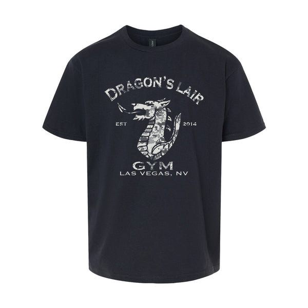 Youth Black Digi Camo Short Sleeve Shirt with Dragon's Lair Logo