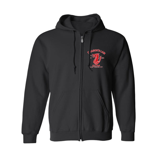 Black Hooded Zip Jacket with Red & White Dragon's Lair Gym Logo