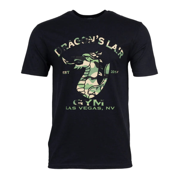 Black Short Sleeve Shirt with Green Camo Dragon's Lair Gym Logo