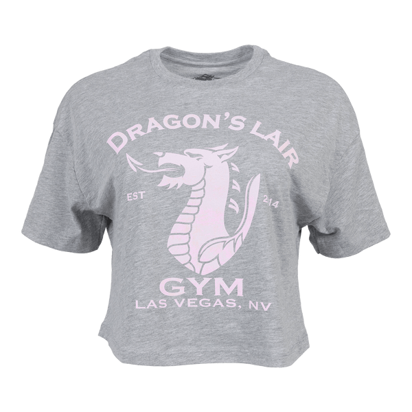 Ladies Athletic Heather Jersey Crop Tee with Light Pink Dragon's Lair Gym Logo