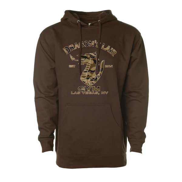 Chocolate Hoodie with Camo Dragon's Lair Gym Logo