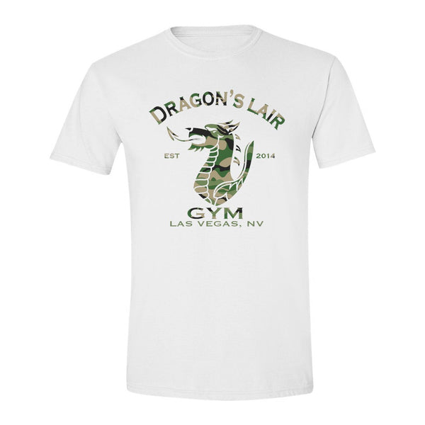 White Short Sleeve Shirt with Green Camo Dragon's Lair Gym Logo