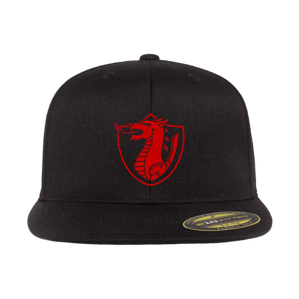 Black Fitted Flat Brim Hat with Red Crest