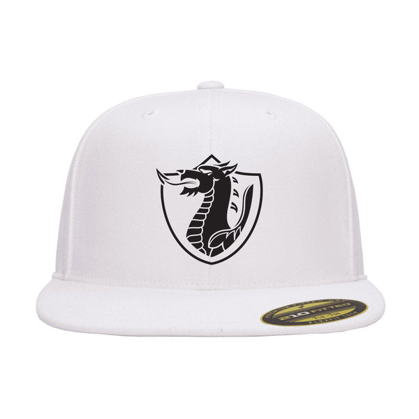 White Fitted Flat Brim Hat with Black Crest