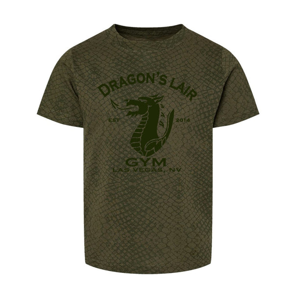 Green Reptile Toddler Jersey Tee with Dark Green Dragon's Lair Gym Logo