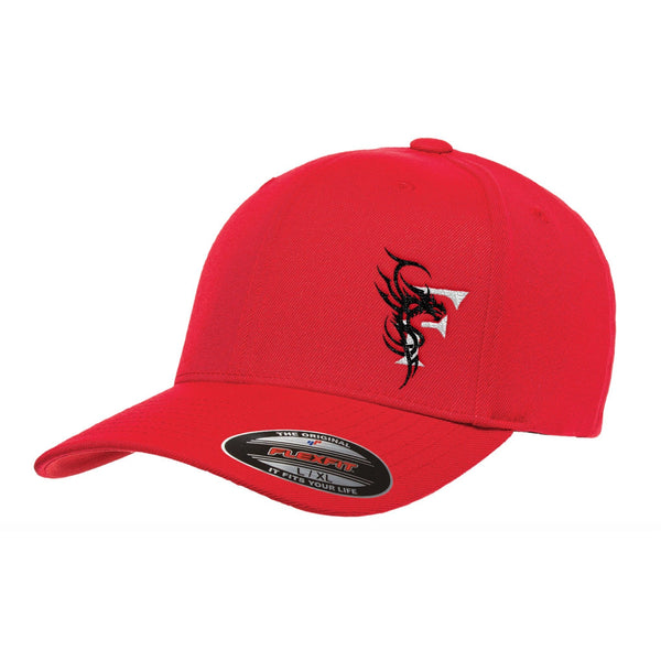 Red Fitted Hat with Curved Brim with Black Welsh Dragon